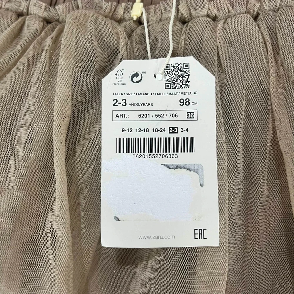 NWT Zara Baby Girl Years 98cm Taupe Brown Tulle Tutu Skirt Embroidered Size 2-3